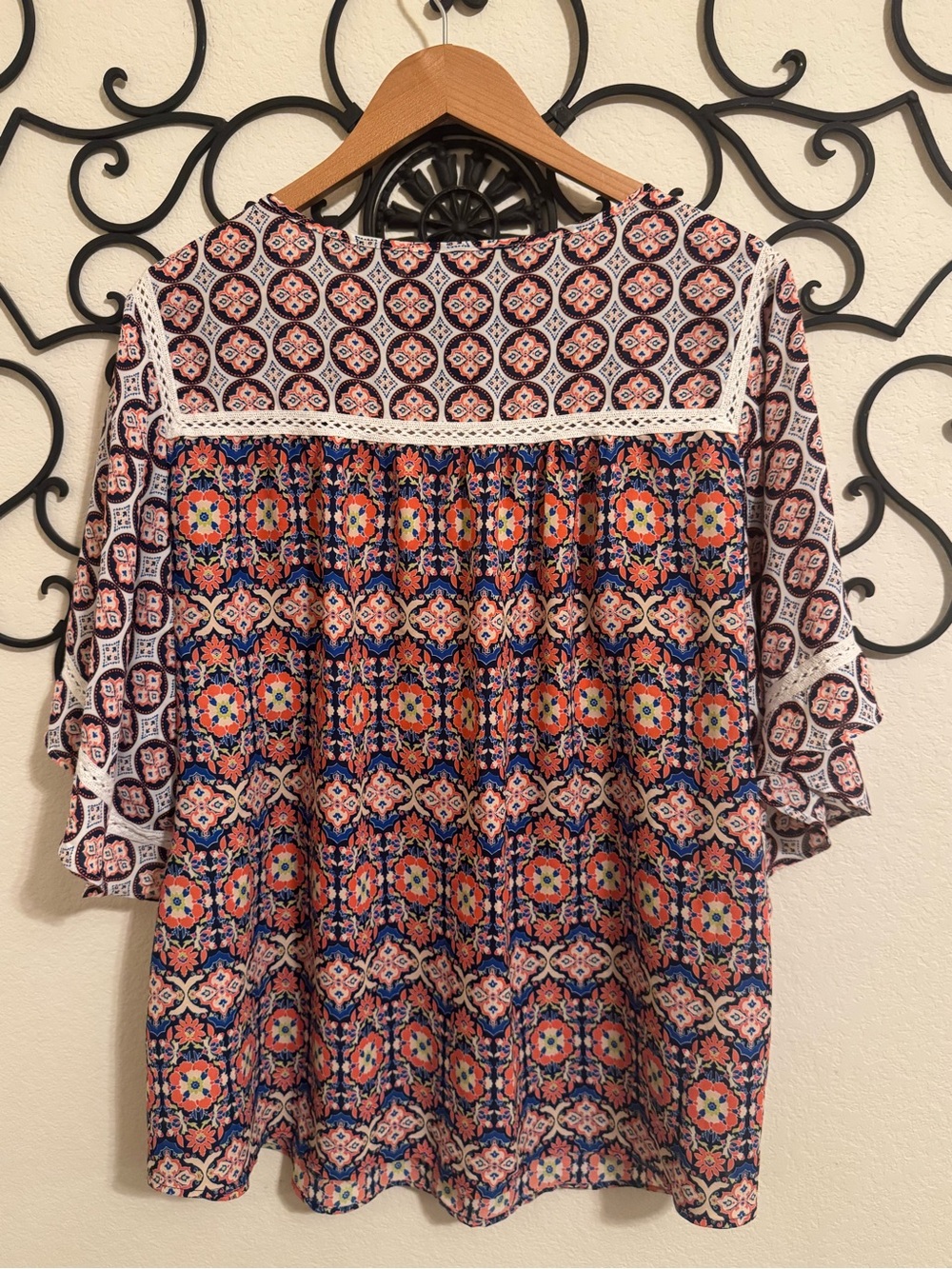 Boho Mixed Print Tassel Tie Peasant Blouse - Picture 4 of 6